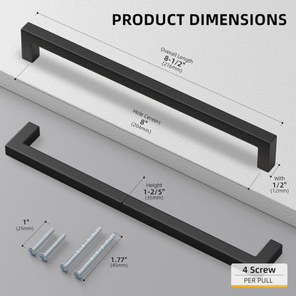goldenwarm 50Pack 8INCH Matte Black Cabinet Pulls Kitchen Hardware, 204mm Square Bar Pulls for Cabinets Hardware, Black Drawer Pulls 8-1/2in Overall Length