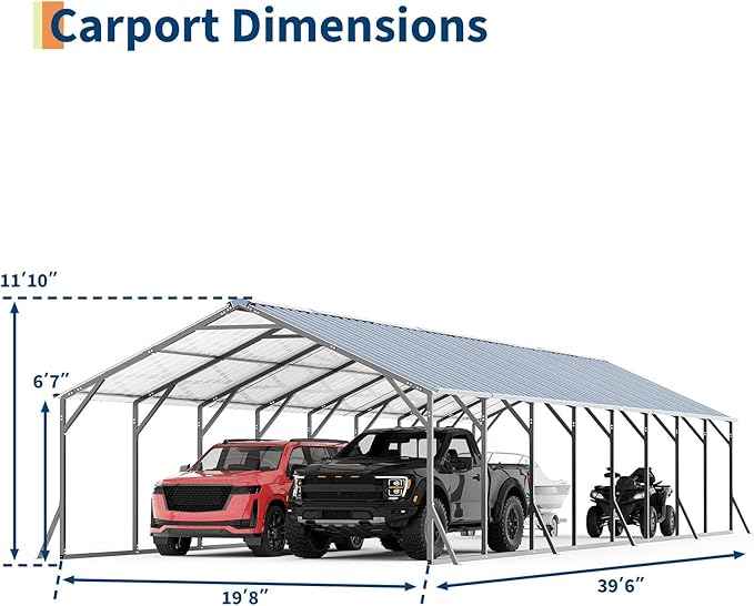 GarveeLife 20'x40'x12' Metal Carport for Multiple Vehicles, Heavy Duty Car Ports, Vertical Roof Design, All-Weather Use, for Full-Size Pickup Trucks, Boats, and Tractors