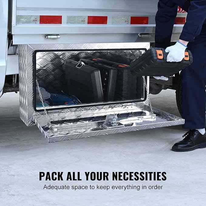 VEVOR Underbody Truck Box, 30"×14"×16" Pickup Storage Box, Heavy Duty Aluminum Diamond Plate Tool Box with Lock and Keys, Waterproof Trailer Storage Box with T-Handle Latch for Truck, Van, Trailer
