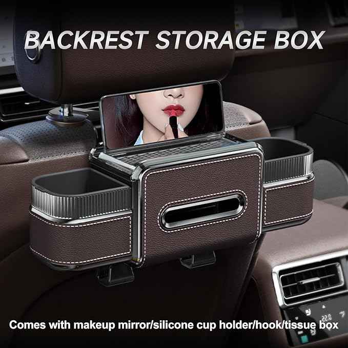 Multifunctional Car Headrest Backseat Organizer Box with Drink Cup Holder, Makeup Mirror, Tissue Box & Hooks for Car Seat Back, Upgrade Car Headrest Backseat Organizer Great for Kids and Travel(Brown)