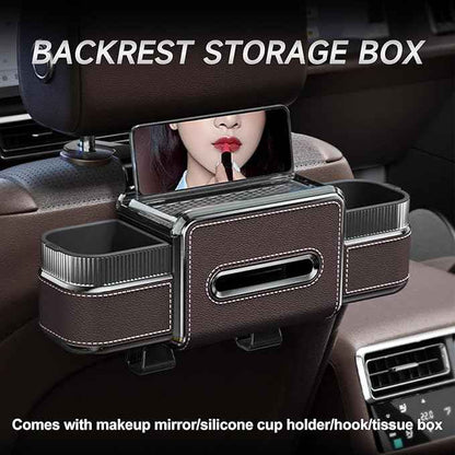 Multifunctional Car Headrest Backseat Organizer Box with Drink Cup Holder, Makeup Mirror, Tissue Box & Hooks for Car Seat Back, Upgrade Car Headrest Backseat Organizer Great for Kids and Travel(Brown)