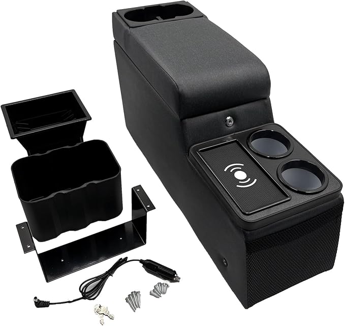 Truck Center Console Truck Seat/Bench Organizer with Wireless Charging and Holder Cups for Jeep CJ5 1976-1983,Jeep CJ7 1976-1986,Jeep Wrangler(YJ) 1987-1995 (Denim Black)