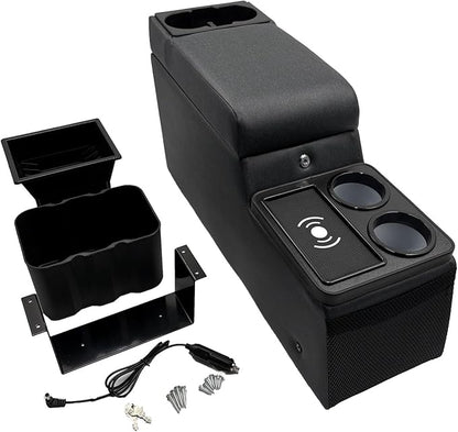 Truck Center Console Truck Seat/Bench Organizer with Wireless Charging and Holder Cups for Jeep CJ5 1976-1983,Jeep CJ7 1976-1986,Jeep Wrangler(YJ) 1987-1995 (Denim Black)