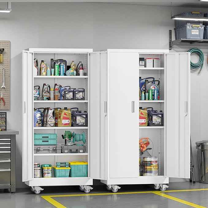 VINGLI Rolling Metal Storage Cabinet with Adjustable Shelves, 71'' Tall Garage Storage Cabinet with Wheels, Locking Tool Cabinets for Home Office Garage Gym School (White)