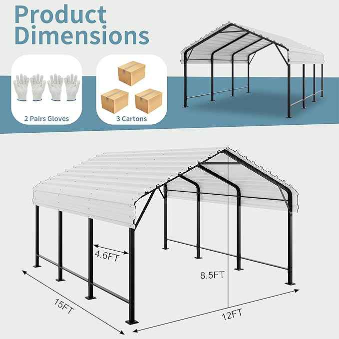 Shintenchi 12x15 FT Metal Carport, Oversized Carport Garage with Enhanced Base, Outdoor Galvanized Car Shelter, Heavy Duty Carports Canopy, for Car, Boats and Tractors, White