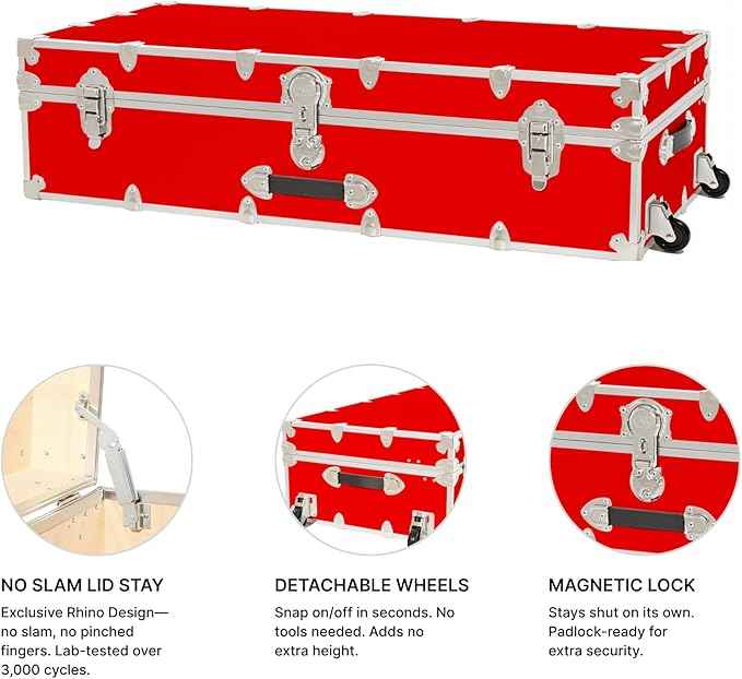 Rhino Trunk & Case Trundle Home Storage & College Trunk With Wheels - 44”x20”x12” - 1500+ lbs Capacity. USA Made Secure Under-Dorm Bed Footlocker for Clothes and Food, and Underbed Shoe Storage Box