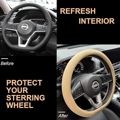 PINCTROT D Shaped Nappa Leather Steering Wheel Cover, Slim Fit No Bulk Design, One Piece Leather with Breathable Perforation, Fit Like Gloves, Flat Bottom 14.5-15 Inch(Nappa Light Taupe)