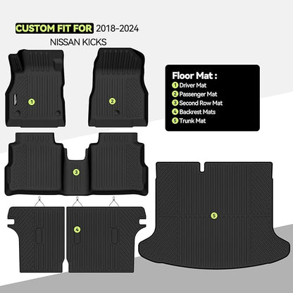 Tongama-Floor Mats for 2018-2024 Nissan Kicks, All Weather TPE Floor Liners and Trunk Mat and Backrest Mats Protectors for Nissan Kicks Waterproof Interior Accessories