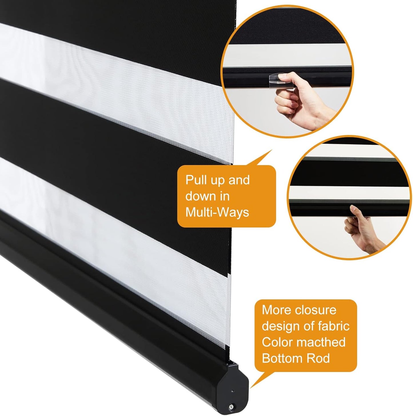 Persilux Cordless Zebra Blinds for Windows Free-Stop Roller Windows Shades (24" W X 72" H, Black) Dual Layer Light Control for Day and Night, Light Filtering Sheer Shades for Home, Bedroom