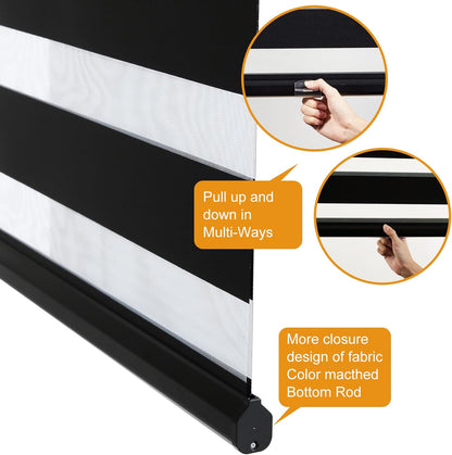 Persilux Cordless Zebra Shades (47" W X 72" H, Black) Free-Stop Window Shades Dual Layer Light Control for Day and Night, Light Filtering Sheer Blinds for Windows, Easy to Install