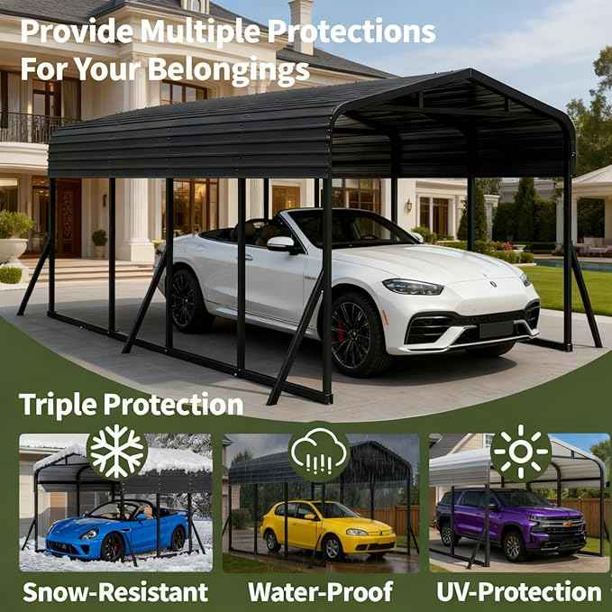 12x20 Metal Carport, Heavy Duty Outdoor Vehicle Shelter with Steel Frame & Roof, DIY Assembly Open-Side Canopy for Car, Pickup, Boat & Equipment
