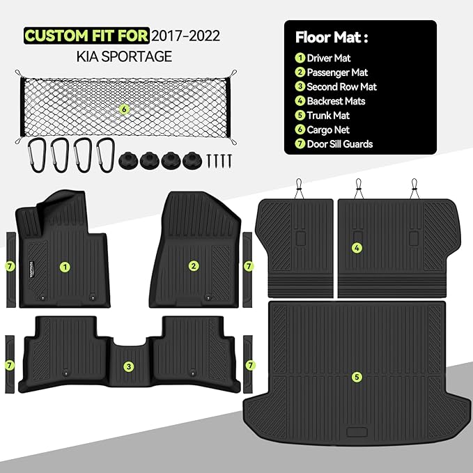 Tongama-Floor Mats for 2017-2022 Kia Sportage, All Weather TPE Trunk Mat and Backrest Mats Protector and Cargo Net and Door Sill Guards for Kia Sportage Floor Liner Accessories