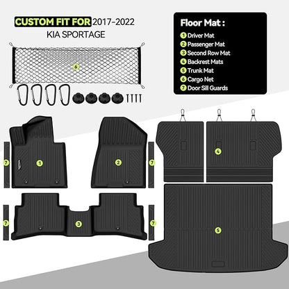 Tongama-Floor Mats for 2017-2022 Kia Sportage, All Weather TPE Trunk Mat and Backrest Mats Protector and Cargo Net and Door Sill Guards for Kia Sportage Floor Liner Accessories