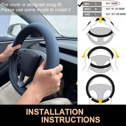 PINCTROT Nappa Leather Steering Wheel Cover for Tesla Model Y/3 Highland/Juniper, D Shaped 14 Inch Small Sized with Breathable Perforation, Fit Like Gloves, Flat Bottom 14 Inch(Nappa Smoky Blue)