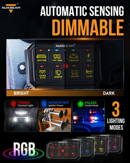 Auxbeam Switch Panel RGB 5 Inch Large 8 Gang Switch Panel RA80 XL Toggle Momentary Pulsed 12V Switch Panel for Car Truck SUV RV Camper Van Offroad Accessories 2 Years Warranty