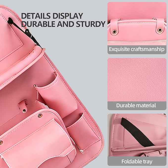 Car Seat Organizer, Multifunctional Backseat Protector Mat, Storage Bag and Tray Rack, Trash Storage (Suitable for Cars, Children, Back of Seats, and Rear Seats) (Pink, Leather 1-Piece Set)