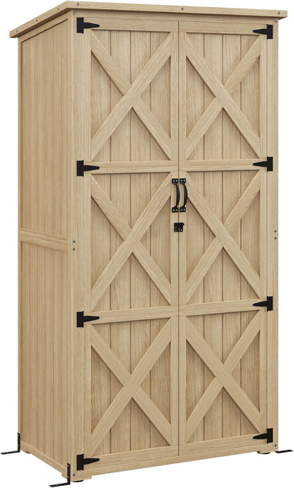 Wooden Garden Shed, Outdoor Storage Cabinet with Waterproof Asphalt Roof, Narrow Tool Shed with Shelves and Lockable Doors, Natural
