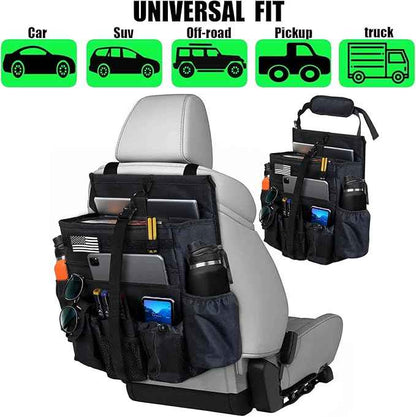 Front & Seat back organizer with dedicated tablet and 15.6 IN laptop storage stabilizers external stabilizing side straps soft adjustable shoulder straps hardened buckle Universal fits for Most of Car