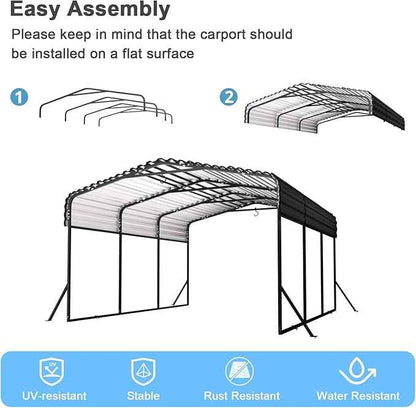 10x15FT Heavy Duty Metal Carport - Reinforced Galvanized Carport Canopy for All-Weather Shelter, Enhanced Wind Resistance for Boats, Cars, Trucks and Tractors