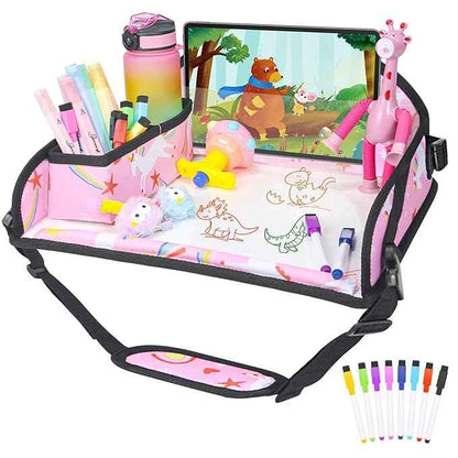 Kids Travel Tray for Car Airplane - Car Seat Tray for Kids Travel, Toddler Carseat Lap Table, Road Trip Essentials, Lap Desk for Kid Roadtrip Activities, Pink Unicorn