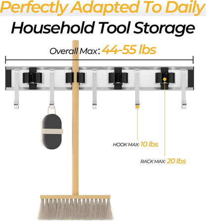 Broom Holder Wall Mount, 4 Star Roller Clips & 5 Extra Long Hooks, Thickened Backboard, Heavy Duty 55lbs Garden Tool Organizer for Mop, Rake, Shovel Storage