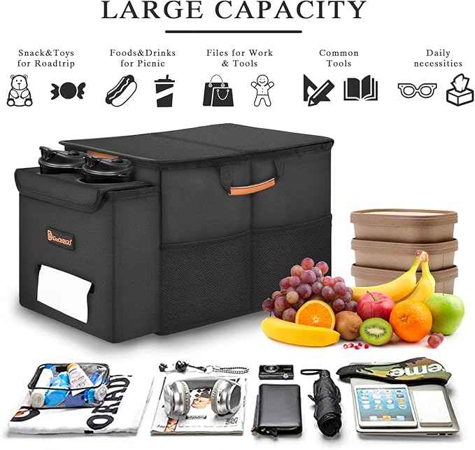 Car Seat Organizer-Car Organizers and Storage with Cooler Compartment, Car Organizer Front Back Seat for Kids, Car Storage Organizer with Lid Cup Holder Tissue Holder for Road Trips (Black)
