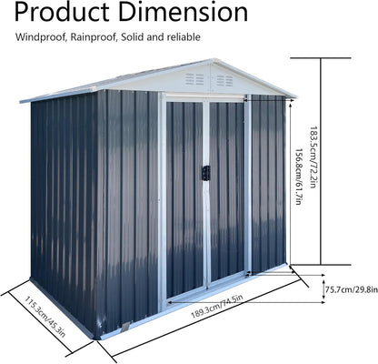 6x4 FT Outdoor Metal Storage Shed with Floor Base Frame, Waterproof Garden Sheds w/Lockable Sliding Doors and Vents, Outside Steel Tool Storage House for Backyard, Patio, Lawn, Grey