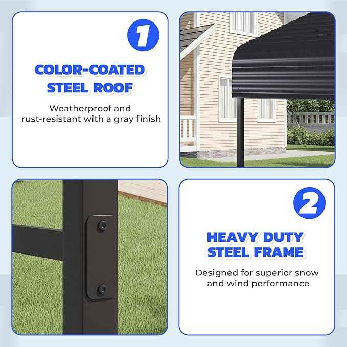EROMMY 10' x 15' Heavy Duty Metal Carport with Galvanized Steel Roof & Base for All-Weather Protection, Outdoor Carport Garage, Versatile for Car, Boat, Tractor, and Party Use, Dark Gray