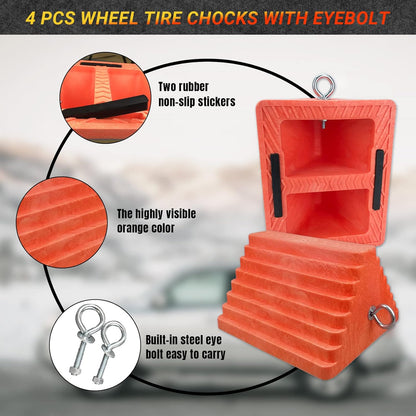 Premium 4 pcs Heavy Duty Wheel Tire Chocks, Vehicle Chocks with Eyebolt for Travel Trailers, Camper, Truck, Car and ATV 4 Pack, Orange