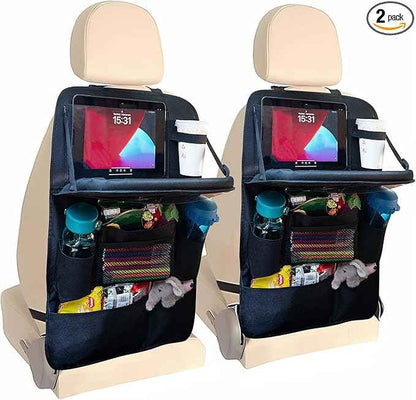 Backseat Car Organizer with Tray, 9 Storage Pockets Back Seat Protector with Foldable Tablet Holder, Waterproof Back of Seat Kick Mats for Kids Adult, Road Trip Essentials Travel 2 Pack, Black