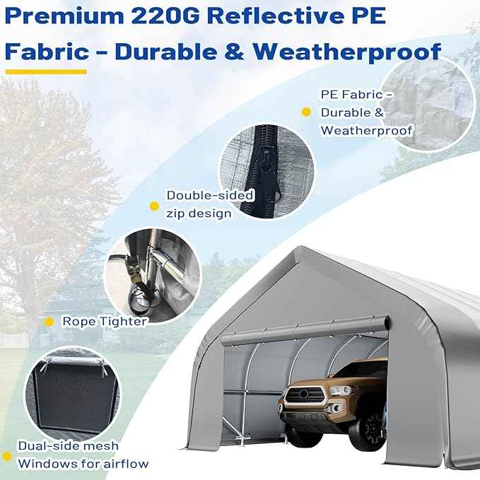 EROMMY 20x30 FT Heavy Duty Durable Carport, Silver Gray, Galvanized Steel Frame Garage Shelter and Outdoor Storage, Waterproof 3-Layer PE Cover, Fits 2 Cars, Boat, Farm Equipment