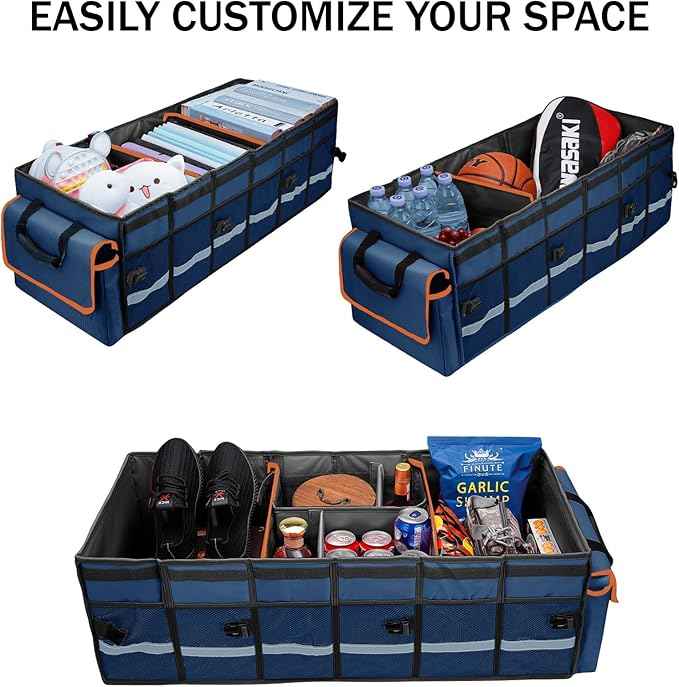 Car Trunk Organizer and Storage with Removable Leakproof Cooler Bag, 6 Removable Dividers for Custom Space, Collapsible Trunk Storage with Non Slip Bottom, Foldable Cover for SUV, Jeep, MPVs