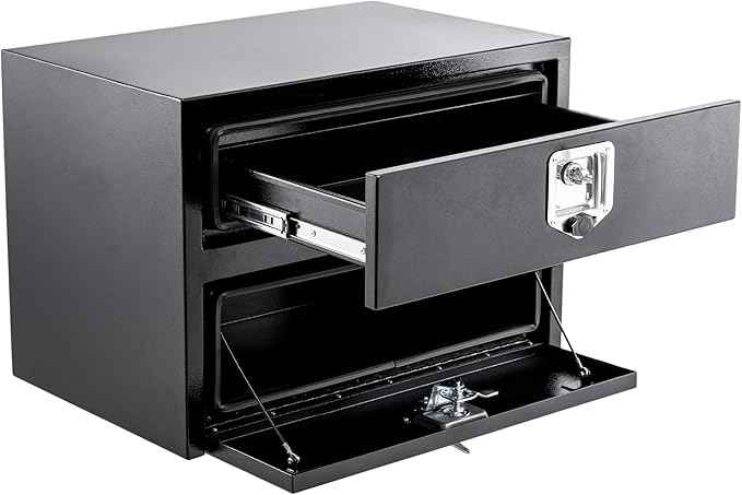 24'' Black Steel Truck Tool Box with Drawer, Heavy Duty Two-Tier Underbody Storage Organizer with Lock and Keys, Waterproof Pickup Truck Bed Toolbox for RV, Trailer, Cargo Equipment 24" x 18" x 20''