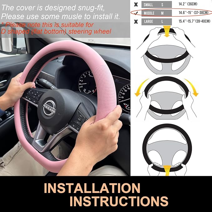 PINCTROT D Shaped Nappa Leather Steering Wheel Cover, Slim Fit No Bulk Design, One Piece Leather with Breathable Perforation, Fit Like Gloves, Flat Bottom 14.5-15 Inch(Nappa Pink)
