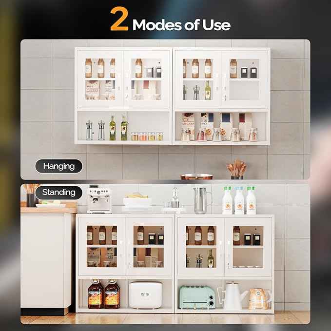 VINGLI Metal Wall Cabinet with Locking Glass Doors, Adjustable Shelf, Wall Mounted Storage Display Cabinets for Garage, Kitchen, Home Office, Warehouse, Living Room, White