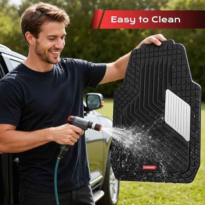 Coverado Car Floor Mats Full Set – Heavy-Duty PVC Floor Mats with Silver Metallic Heel Pad, All-Weather Protection for Front & Rear, Non-Slip Backing, Easy-Clean Interior Liners