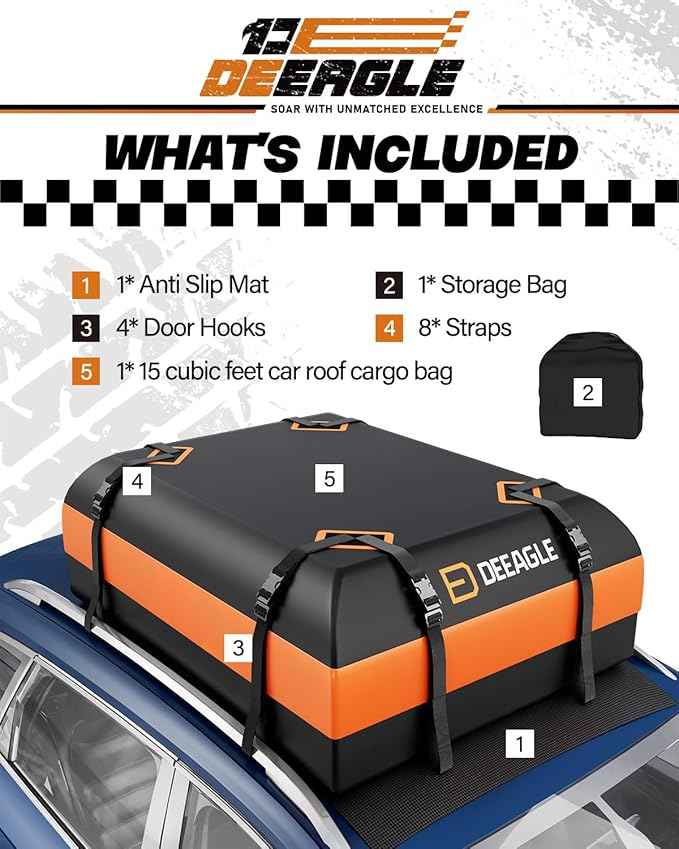 DEEAGLE Rooftop Cargo Carrier 15 Cubic Feet – Car Roof Cargo Bag for Vehicles Without Roof Rack – Waterproof Soft Car Top Carrier with Non-Slip Mat, 4 Door Hooks & 8 Reinforced Straps