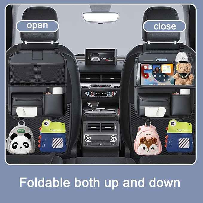 1 Pack Back Seat Car Organizer with Fold-Out Tray for 11" Tablets - Upgraded Nappa Leather, with Touchable PVC for 8" Mobile Phones, Including Tissue Dispenser, Suitable for Autos and SUVs, Black