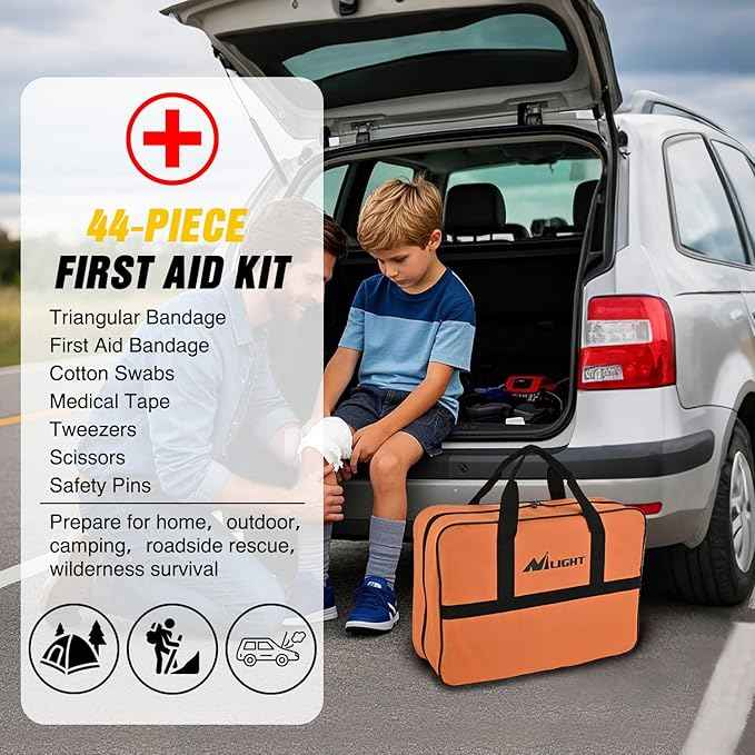 Nilight Car Emergency Kit with Jumper Cable Air Compressor Tire Repair Essential Tools First Aid Alligator Connector Electrical Kit for Travel Camping Outdoor Cars Truck SUV RV
