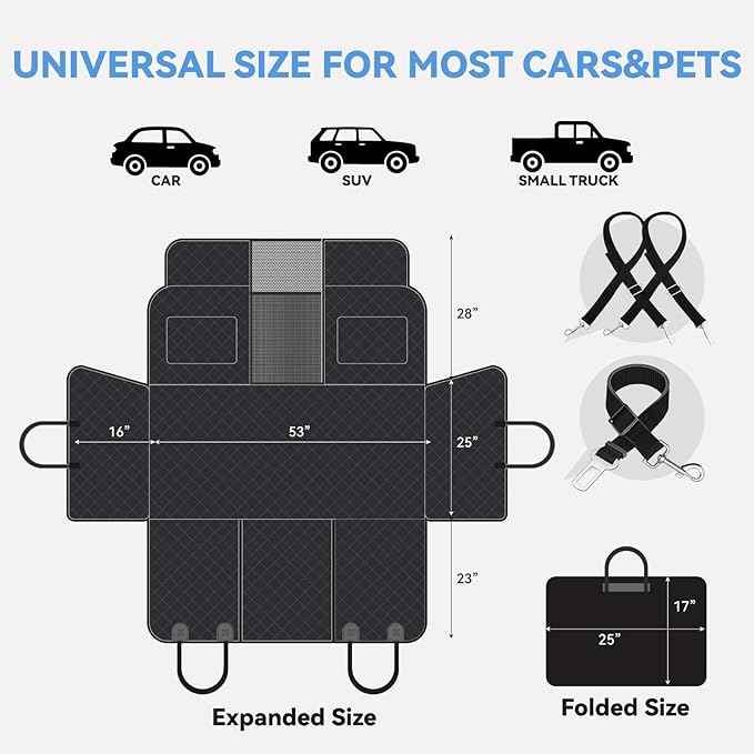 High Barrier Dog Car Seat Cover,Waterproof Back Seat Extender for Dogs,Car Seat Protector,Hard Bottom Holds 500 lbs,600D Nonslip Dog Hammock,Pet Bed for Cars,SUVs, Small Trucks