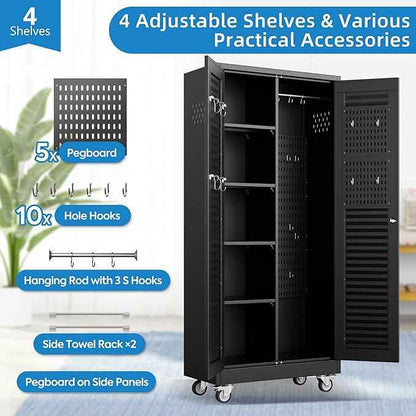 Aobabo Lockable Metal Storage Cabinet with 4 Adjuatable Shelves,Garage Storage Cabinet with Wheels and 5 Remove Pegboard,Required Assembly,Black,70.87''H*31.5''W*15.75''D