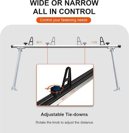 Rockland Adjustable Universal Aluminum Truck Ladder Rack, 800 LBS Capacity, 13.7" x 66.5" x 28", 45"-66" Adjustable Truck Bed Width, Extendable Truck Ladder Rack with Non Drilling C-Clamps