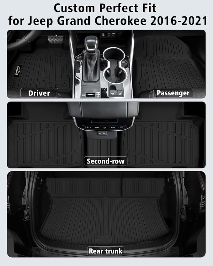 Floor Mats & Trunk Mat Custom for Jeep Grand Cherokee & Dodge Durango 2016-2021/Grand Cherokee WK 2022 (Not for L) All Weather TPE Rubber Cargo Liner Automotive Full Set Accessories- Black