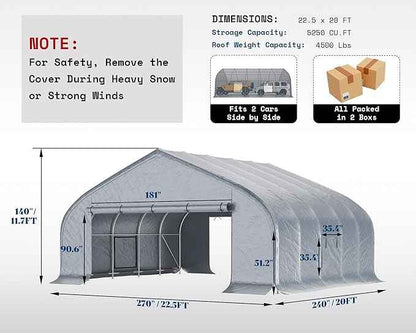 AMERLIFE 22.5 x 20 FT Enclosed Carport, Heavy Duty Garage with Waterproof Cover, UV Protection & Wind Resistant, Portable Carport for 2 Car, Boat Shelter & Farm Outdoor Storage, Silver