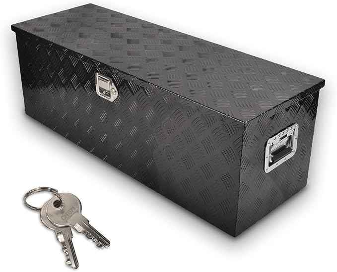 44 Inch Black Aluminum Tool Box 5 Bar Tread ToolBox Flatbox for Truck Bed Car Outdoor Trailer Pickup Underbody RV ATV Storage Underbed Tools Organizer with Lock and Keys(44"X15"X15")