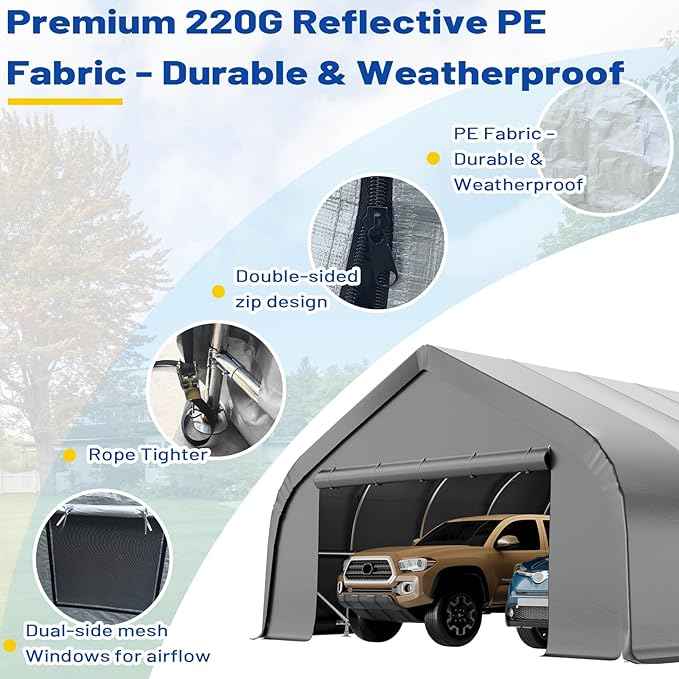 EROMMY 20x20 FT Heavy Duty Durable Carport, Silver Gray, Galvanized Steel Frame Garage Shelter and Outdoor Storage, Waterproof 3-Layer PE Cover, Fits 2 Cars, Boat, Farm Equipment
