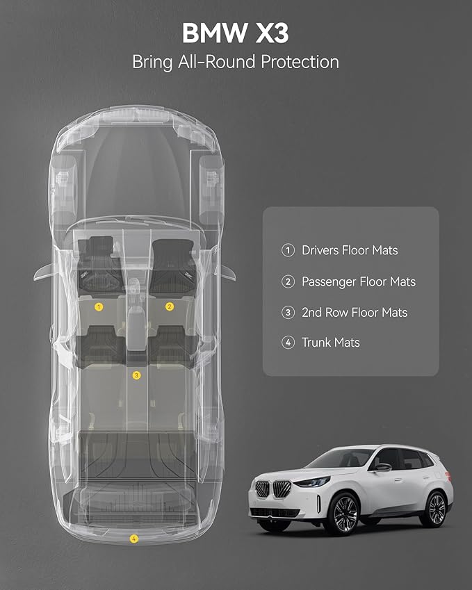 3W Floor Mats & Cargo Liner for BMW X3 G45 2025 2026, Accessories Custom Fit TPE All Weather 1st & 2nd Row Car Mats and Trunk Liners for BMW X3 30/M50 xDrive