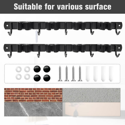 2 Pack Mop and Broom Holder Wall Mount 4 Racks and 5 Hooks Broom Organizer Storage Tool Racks Stainless Steel Heavy Duty Hooks for Home Kitchen Garden Laundry Garage