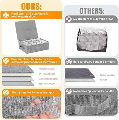Coffee Mug Storage Box 2 Pack with Dividers, China Storage Containers Organizer Moving Supplies, Hard Shell & Stackable for Coffee Mugs, Tea Cups w/Sturdy Lid & Handles, 24 Compartments, Grey