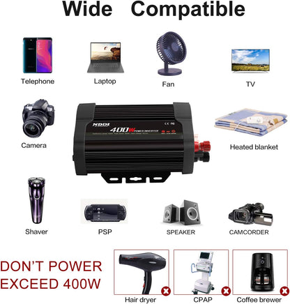 400W Car Power Inverter, DC 12V to 110V AC Converter with 2 Charger Outlets and Dual 3.1A USB Ports Cigarette Lighter Socket Adapter(Black)